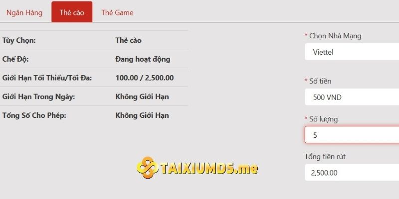 Game Tài Xỉu đổi thẻ cào VN88 cho phép rút tối đa 2.500.00 VNĐ